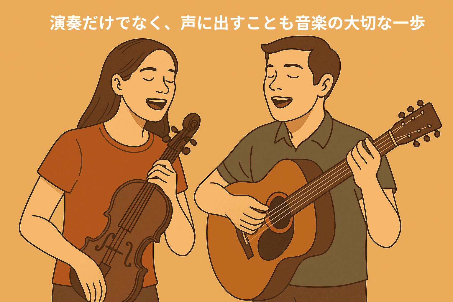 若い男女の楽器奏者が楽しげに歌を口ずさんでいる様子のイラスト