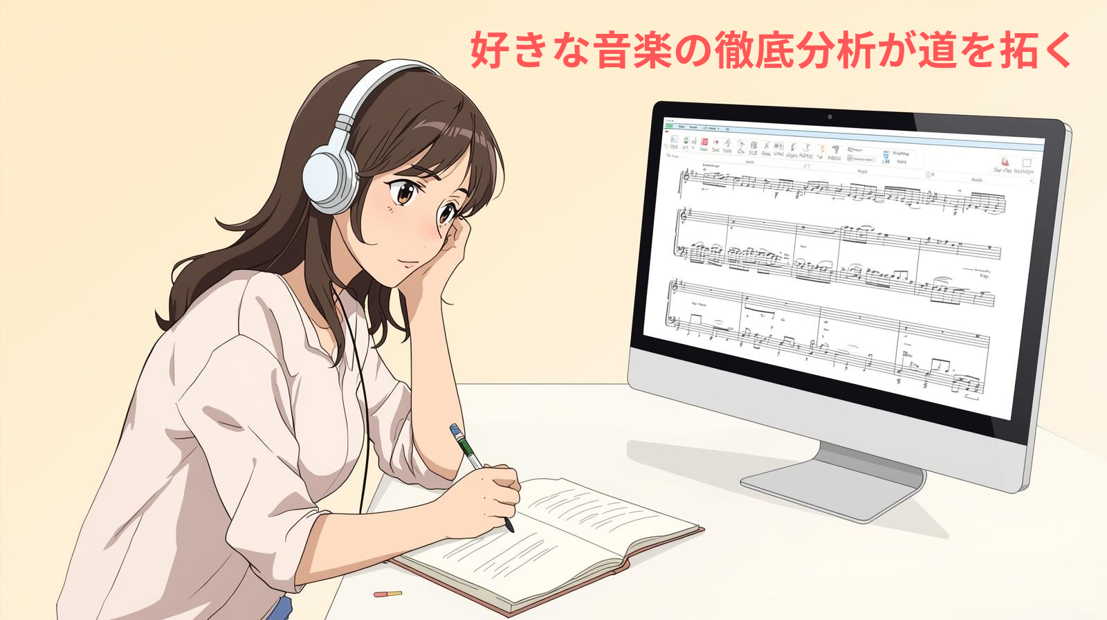 ヘッドホンで音楽を聴き、ノートに分析を書き込む女性のイラスト風イメージ