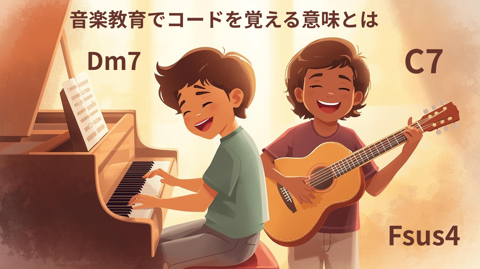 ピアノとギターを演奏しながらコードを学ぶ子どもたちのイラスト