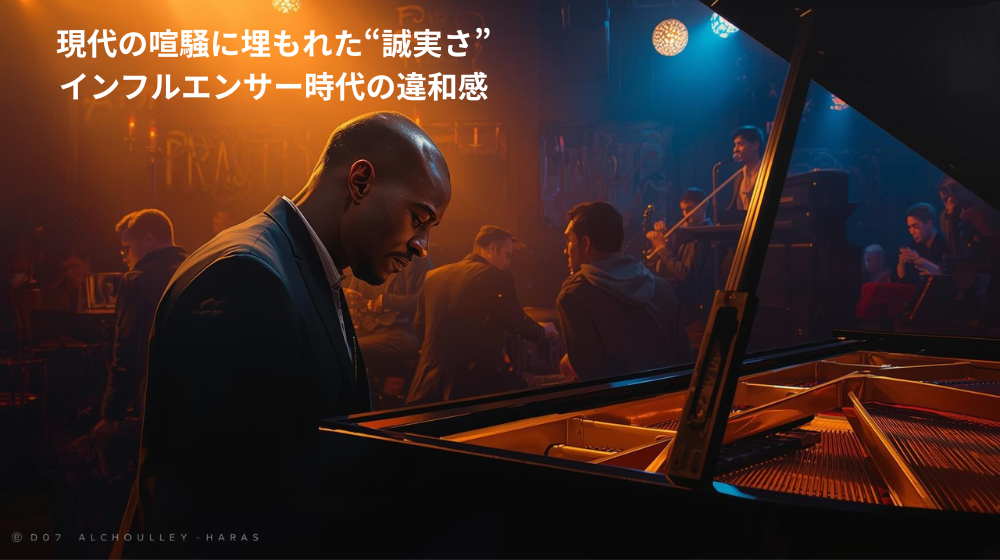 暗いステージで誠実に演奏するジャズピアニストの姿