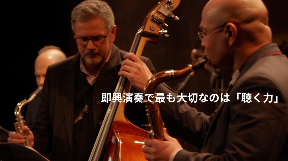 即興演奏中に互いの音を聴き合うジャズアンサンブルの様子