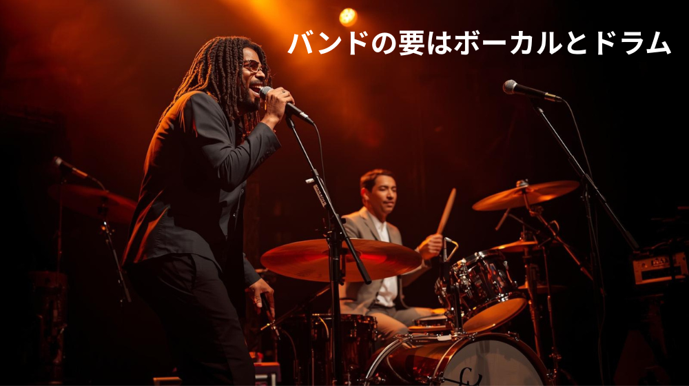 ジャズバンドで息を合わせるボーカルとドラマーの姿