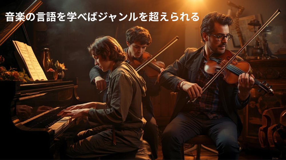 ピアノ・バイオリンの奏者がジャンルを超えて演奏を楽しむ様子