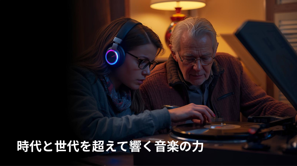 世代の異なる人々が同じ音楽を聴いて共感している様子