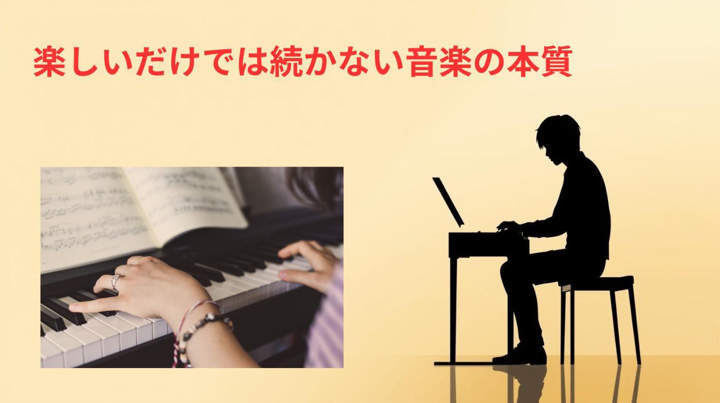 静かなスタジオで音楽練習に向き合うミュージシャンのシルエットイラストとピアノの練習をする女性