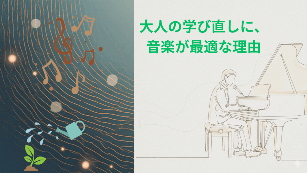 大人の学び直しを象徴するピアノ線画と抽象音楽アートのイラスト