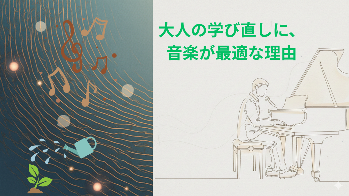 大人の学び直しを象徴するピアノ線画と抽象音楽アートのイラスト