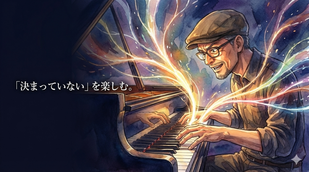 無数の光の選択肢の中から一つを選び取りピアノを弾く男性講師：即興演奏の緊張感と決断力