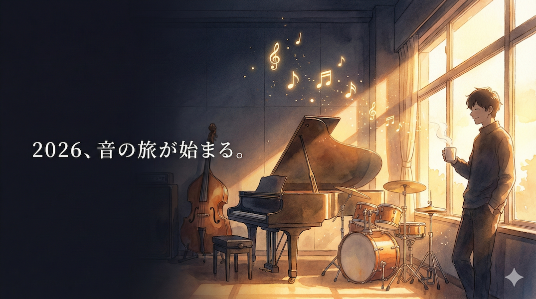 音楽スタジオに差し込む2026年の初日の出と楽器たち：希望に満ちた新年の始まり