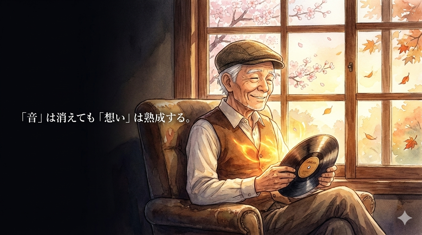 穏やかな表情で音楽を聴く老紳士と、胸に灯る熟成された想いの光:音楽の深さと人生