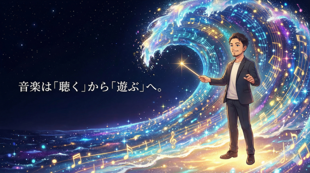 デジタルと魔法が融合した光の波を指揮する男性音楽家：AI時代の新しい音楽の楽しみ方