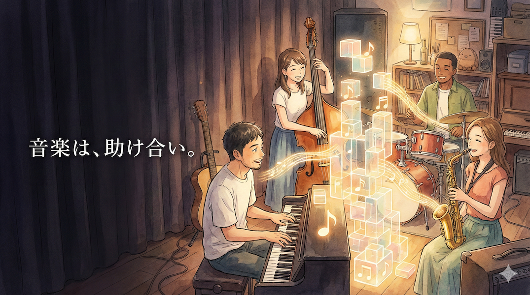 演奏者たちが音の光で一つの中央の塔を組み立てている様子：音楽は助け合いであり共同作業