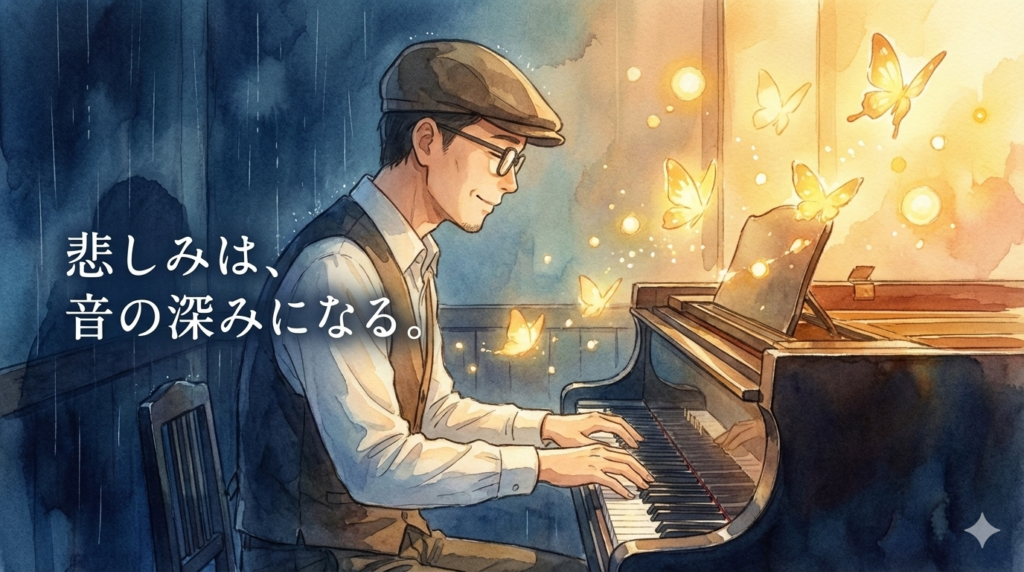 暗い雨のような悲しみを、ピアノを通して温かい光の蝶へと変える男性音楽家：辛い経験が音楽の深みになる