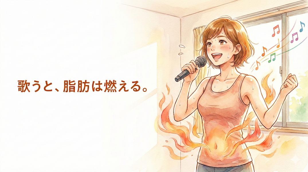 お腹から燃えるようなエネルギーを発して歌う女性：歌うことによる脂肪燃焼効果