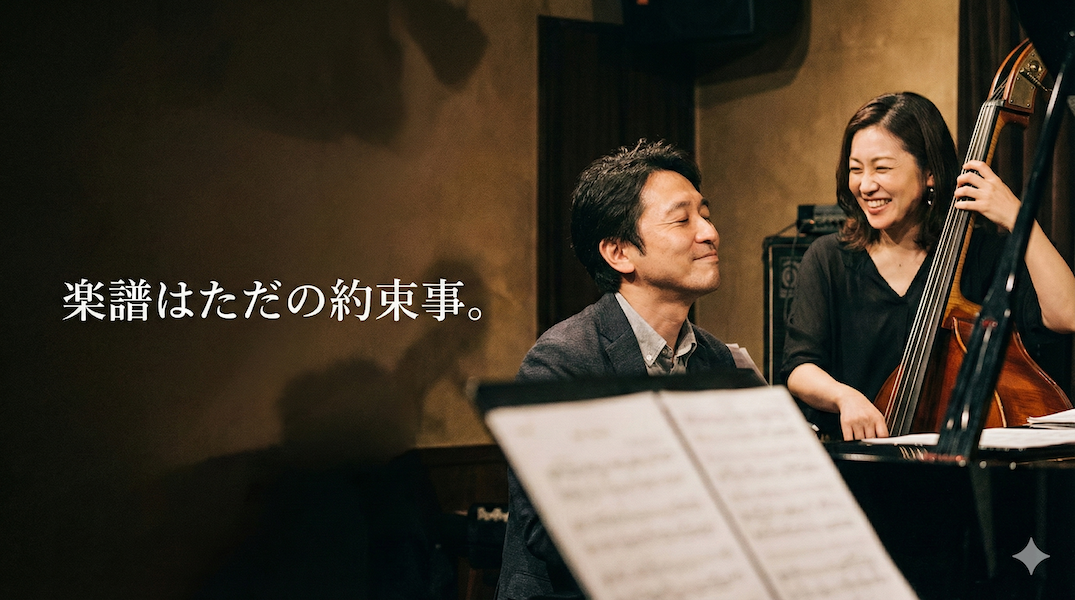 楽譜を見ずに互いの目を見て演奏するジャズミュージシャンたち：音による会話と心のつながり