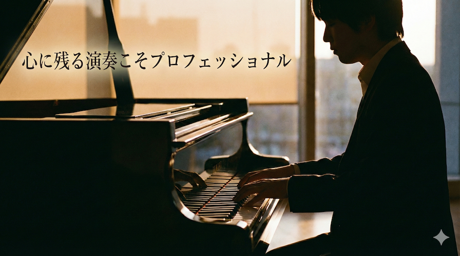 ピアノを演奏する姿と心に残る音を象徴した実写風イメージ