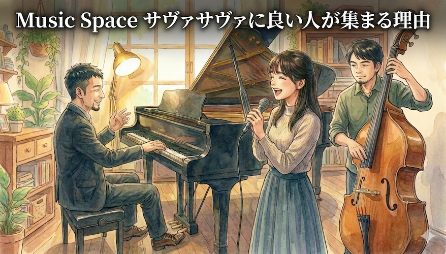 大阪・岸和田のジャズピアノ＆洋楽ボーカル教室「Music Space サヴァサヴァ」のヘッダー画像：笑顔でピアノを弾く男性講師と、初心者歓迎のメッセージ