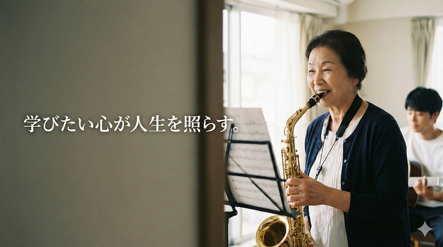 笑顔で楽器を演奏するシニア世代の男性または女性：生涯学習としてのジャズの楽しみ