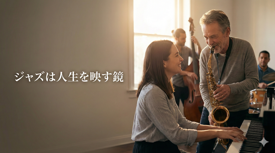ジャズセッションで即興演奏を楽しむ年配のサックス奏者と若い女性ピアニスト：世代を超えた音楽の対話