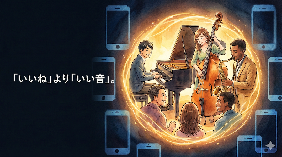 スマホの画面から離れ、円になってジャズを演奏する人々の温かいコミュニティ：ネット社会におけるリアルな繋がり