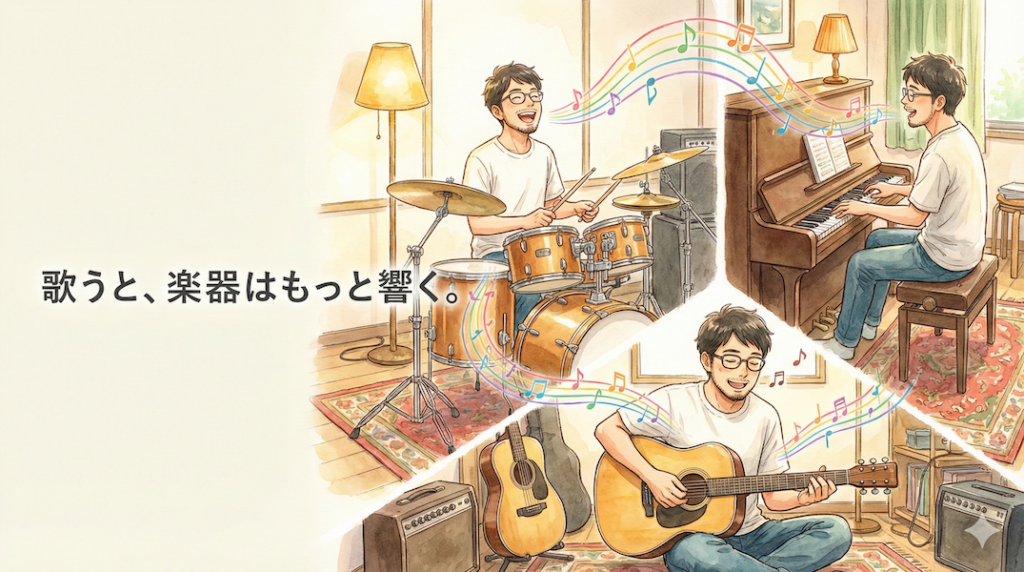 ドラム、ピアノ、ギターを弾きながら楽しそうに歌うミュージシャン：歌うことで楽器のスキルが向上する様子