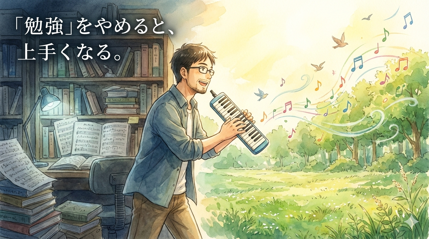 教科書の山から離れ、自然の中で自由に音楽を奏でる男性：学習から習得へのシフト