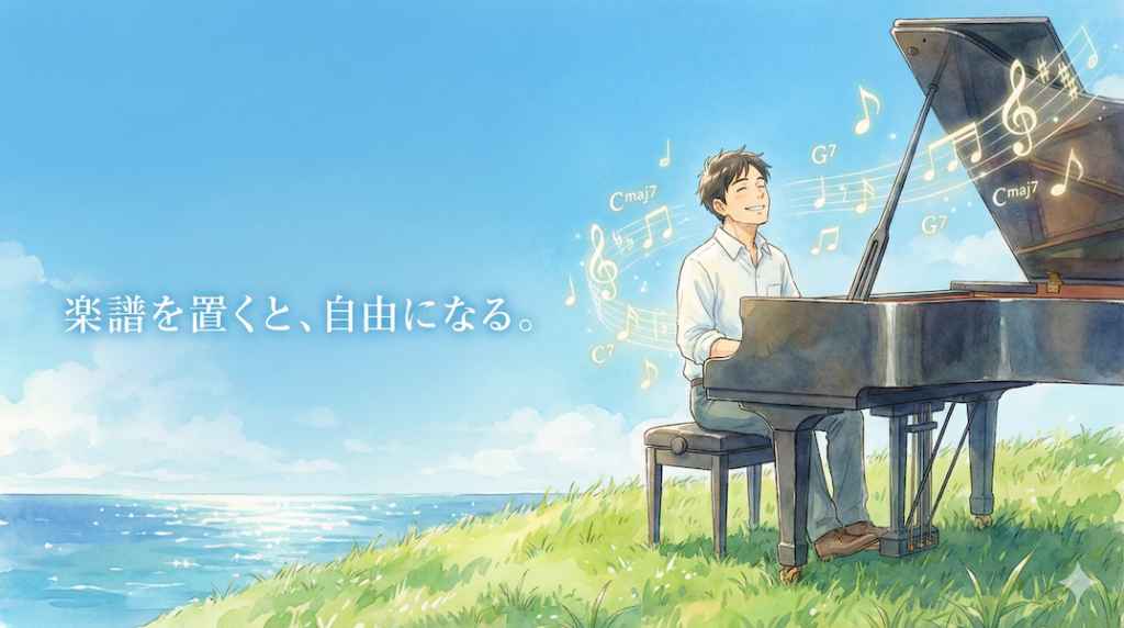 譜面台に楽譜を置かず、空を見上げて自由にピアノを弾く男性：暗譜で演奏する喜び