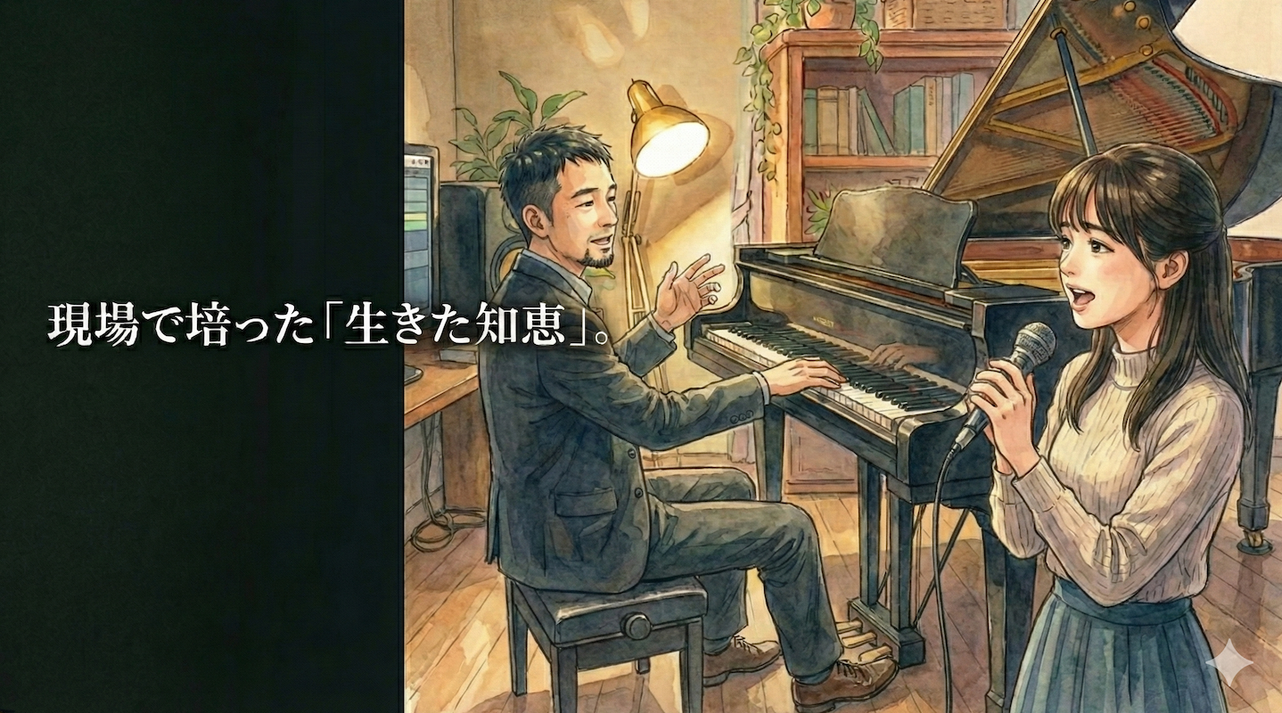 グランドピアノを弾きながらボイストレーニング指導をする男性講師とマイクを持って歌う女性生徒