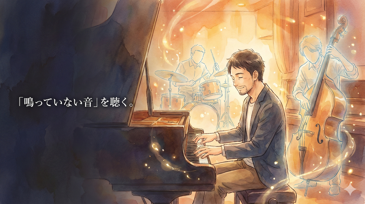 ピアノソロ練習中にドラムとベースを想像する男性講師のイラスト:鳴っていない音を聴くことの重要性