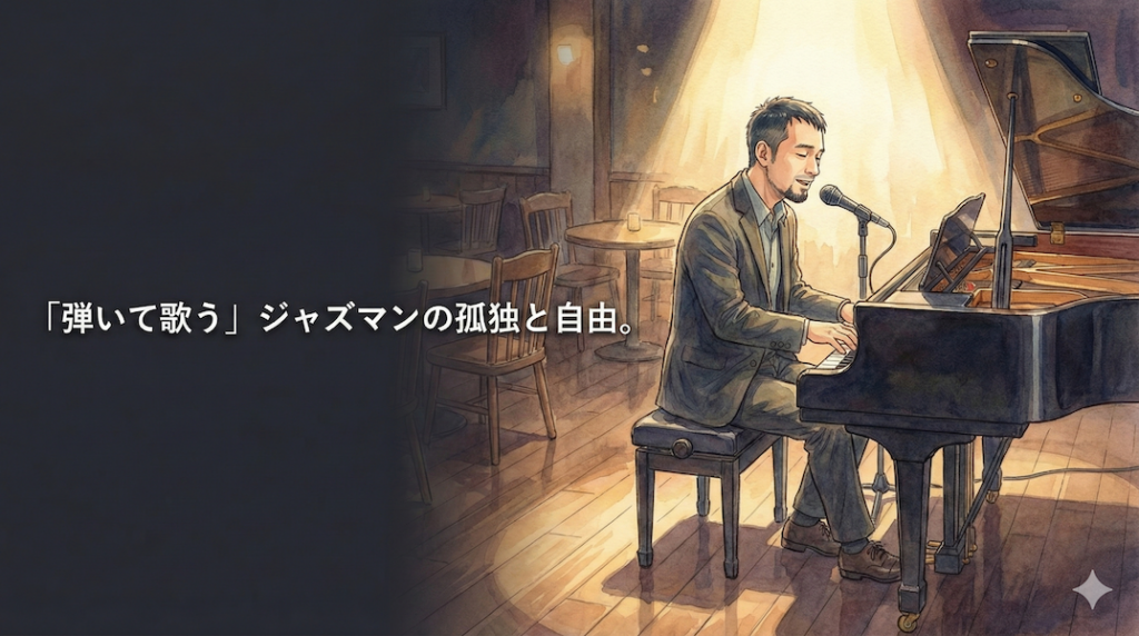 スポットライトを浴びてピアノの弾き語りをする男性ジャズミュージシャン：日本のシーンにおける希少なスタイル