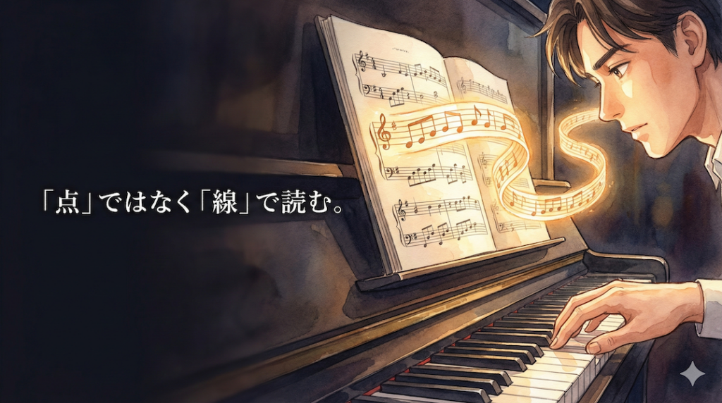 楽譜上の音符が繋がり、一本の滑らかな線グラフのように光っている様子：点ではなく線で読む譜読みのコツ