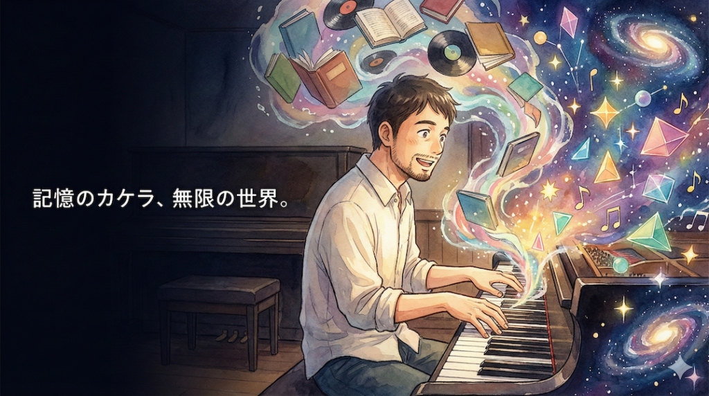 頭の中の音の記憶が、指先から放たれて無限の宇宙のように広がる様子：アドリブの可能性