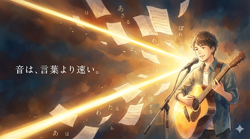 言葉（浮遊する文字）よりも速く、一直線に心に届く黄金の音の光：感動のスピードの違い