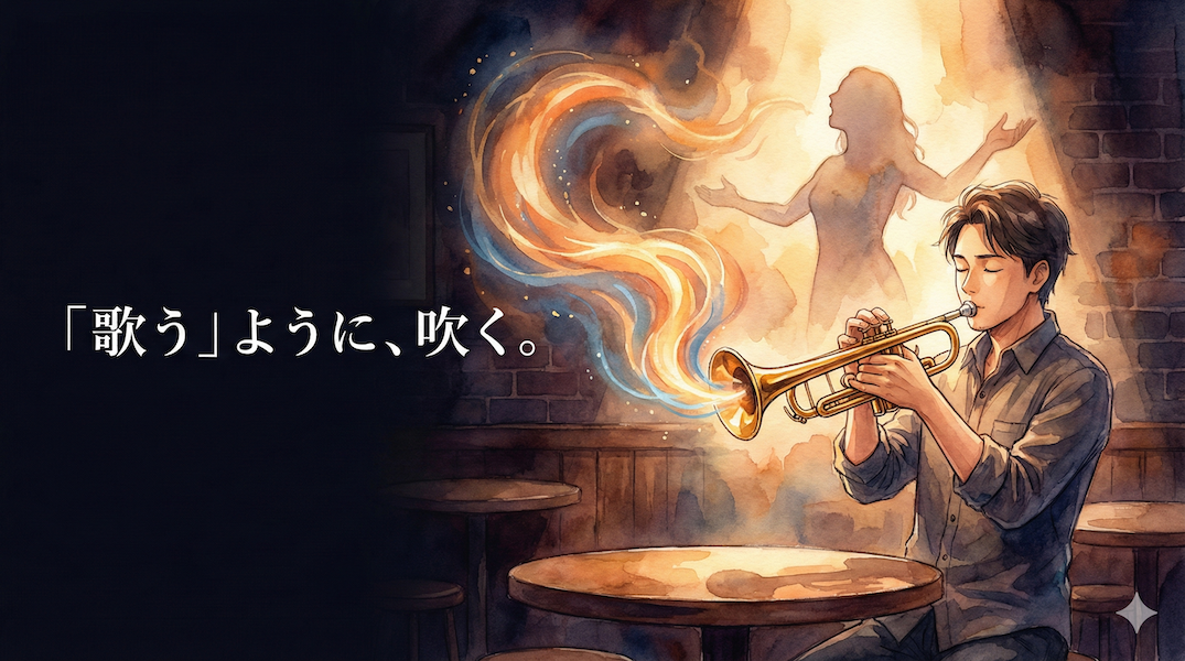 トランペットを吹く男性の背後に、熱唱する女性のシルエットが重なり、楽器から出る音が歌声のような燃えるエネルギーとなって渦を巻いている様子:楽器は歌うように吹く