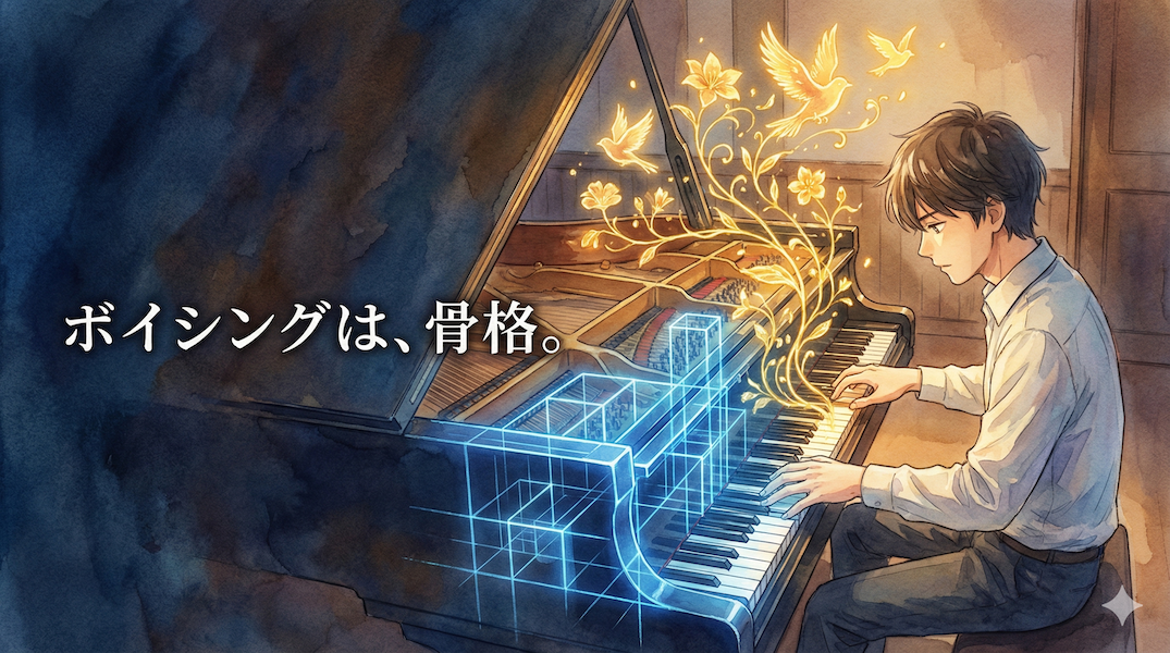 左手で青く強固な幾何学模様(ボイシングの骨格)を作り、その上を右手の黄金の光(アドリブ)が自由に舞う様子:ボイシングはアドリブの基礎