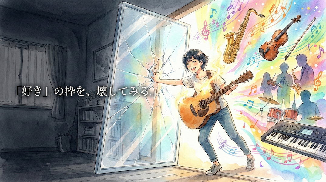 暗い部屋（狭い好み）からガラスの扉を押し開け、色とりどりの音楽と仲間が待つ外の世界へ飛び出すミュージシャン：食わず嫌いの克服
