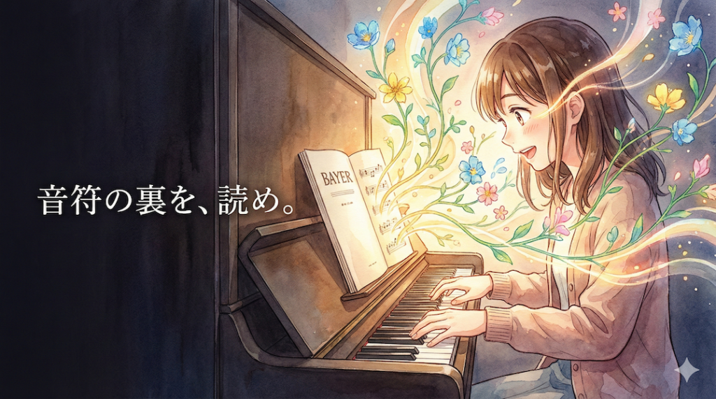 シンプルな楽譜から溢れ出る色とりどりの光(隠された和声や感情)を見つけ出し、意思を持ってピアノを弾く様子:解釈の力