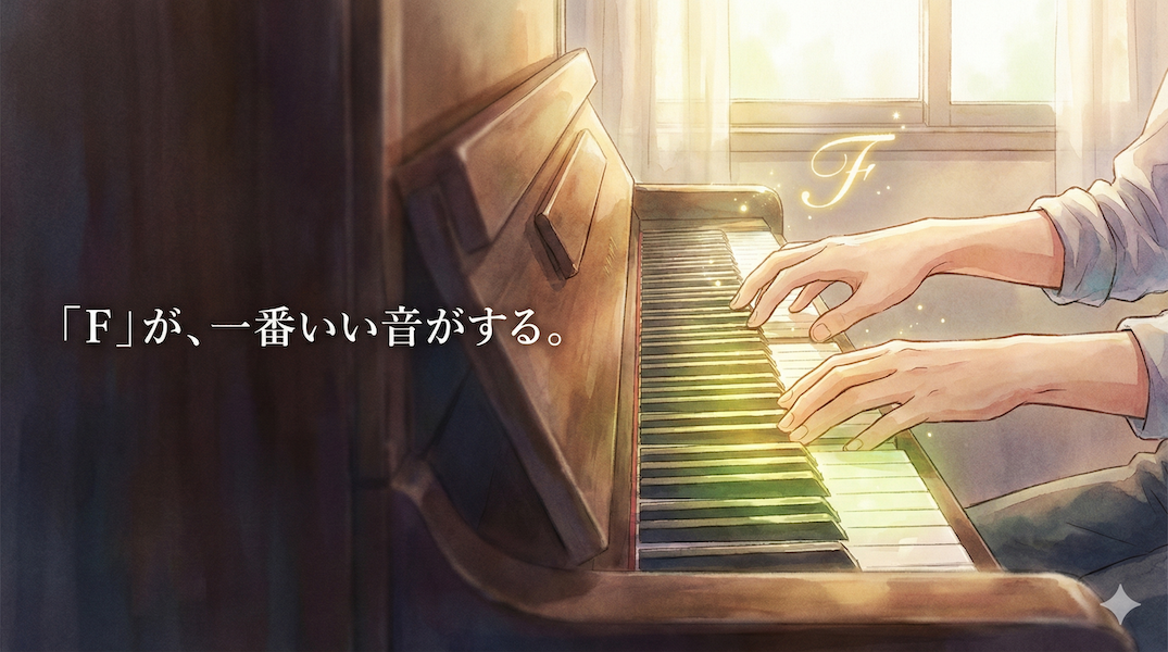 ピアノ鍵盤上の「Fのキー」の音域が温かく輝き、両手がバランスよく配置されている様子：アレンジしやすく響きが良い理由