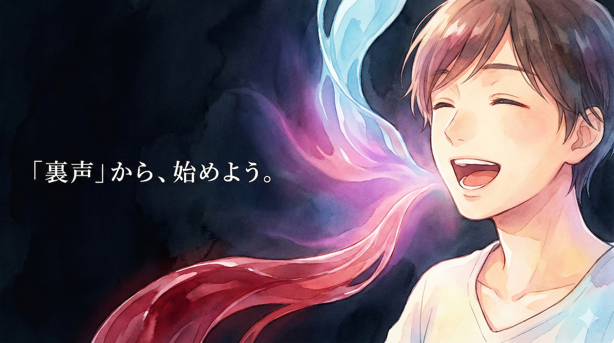 地声（赤）と裏声（白・青）が中音域で滑らかに混ざり合い、美しいグラデーション（紫・ピンク）になっている様子：多彩な声色を作る基礎