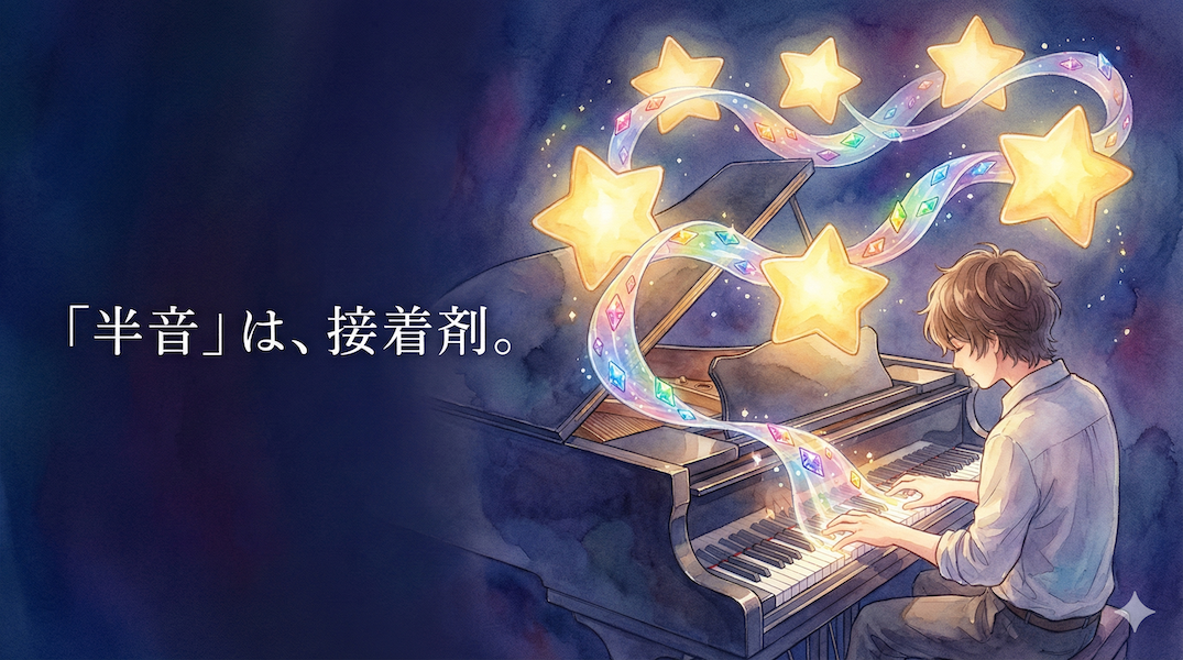 離れた音符（星）の間を、美しい半音階のリボンが滑らかに繋いでいる様子：半音階は音楽の接着剤