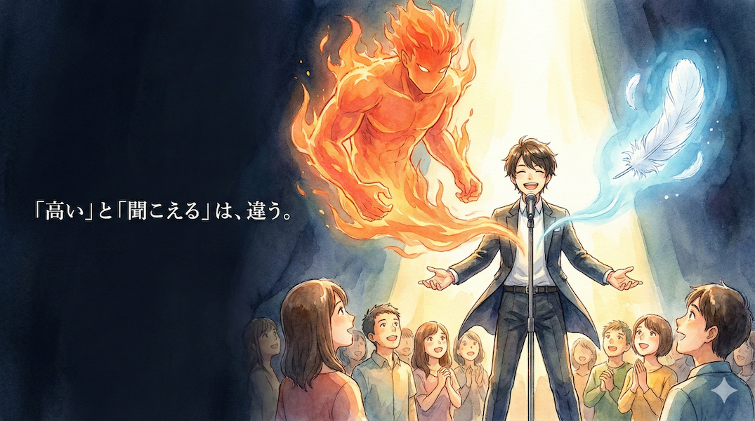 リラックスして歌いながら、中音域で巨大な巨人のような迫力を出し、高音域で羽のような軽やかさを表現するシンガー：音の高さの錯覚