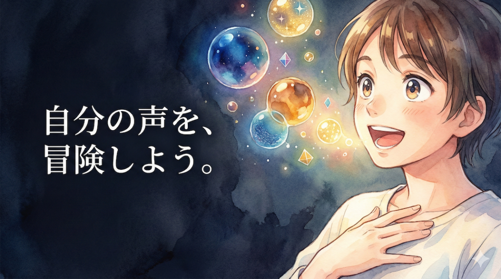 自分の口から出る色とりどりの光の泡（声の成分）を、驚きと喜びの表情で見つめるシンガー：自分の声を知る面白さ