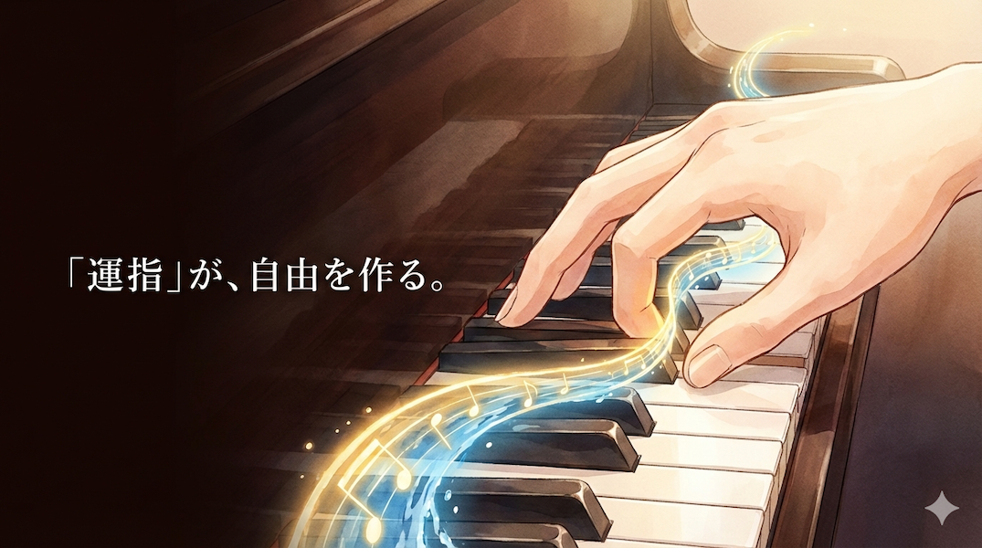 ピアノを弾く右手のクローズアップ。親指が滑らかに他の指の下をくぐり、そこから光の帯（メロディ）が途切れずに流れていく様子：運指の重要性