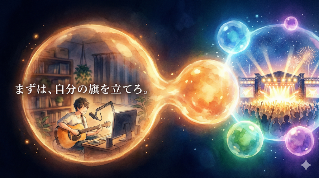 小さなオンライン配信の光が、やがて他の光と合流し、大きなフェスの輝きへと成長していく様子：コミュニティ主導の音楽活動