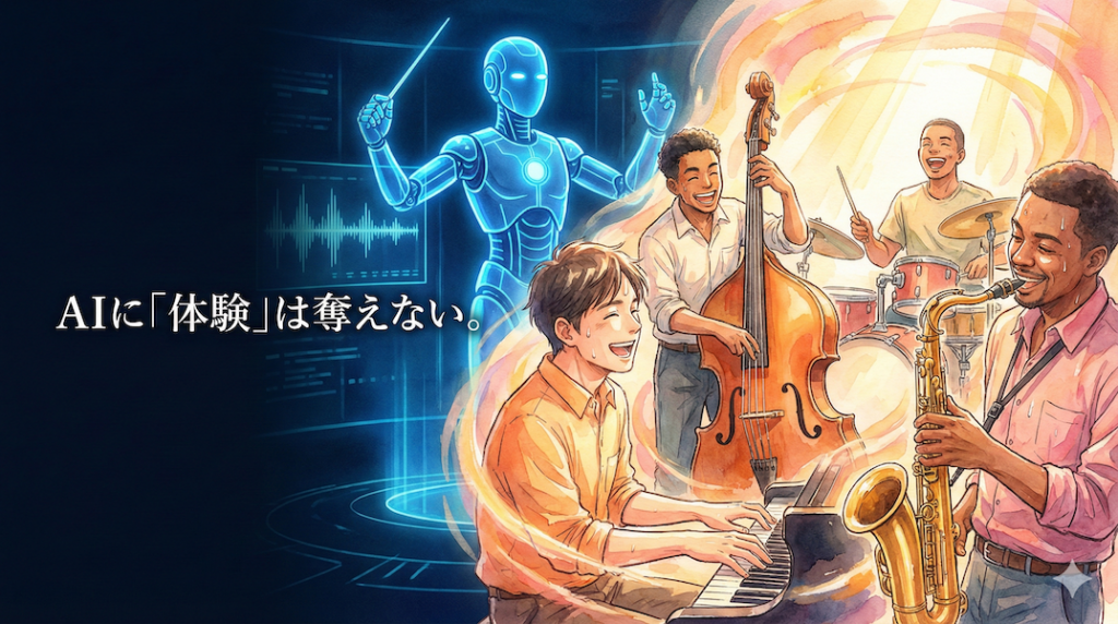 背景の無機質で完璧なデジタル波形と、手前で笑い合いながら演奏する人間味あふれるジャズセッションの対比：AIにはない音楽体験の温かさ