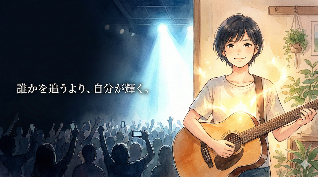 遠くのステージを見つめる群衆から離れ、自分で楽器を手に取り、内側から輝き始めた人物：推し活依存からの脱却