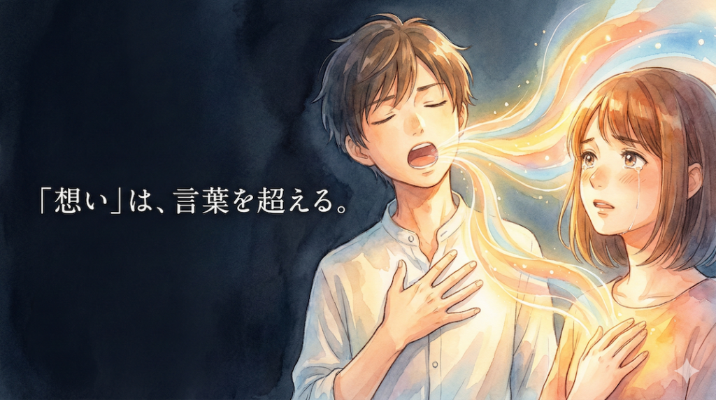 歌詞の文字ではなく、光の波となって感情が伝わる様子を描いたイラスト：言葉の意味を超えて届く歌の力