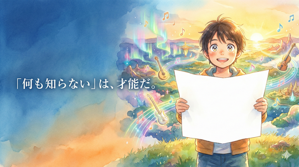 真っ白な地図を手に、これから広がる色鮮やかな音楽の世界をワクワクした表情で見つめる人:初心者の可能性
