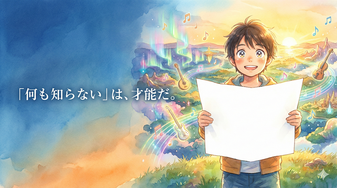 真っ白な地図を手に、これから広がる色鮮やかな音楽の世界をワクワクした表情で見つめる人：初心者の可能性