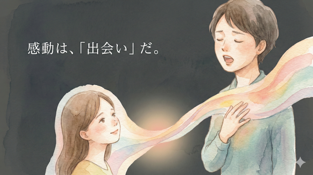 素朴な水彩画で描かれた歌い手と聴き手。歌い手の胸から溢れる温かい色が、聴き手の心に優しく届き共鳴している様子：感動は心の出会い